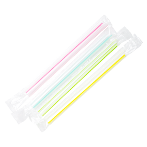 Plastic Straws 7.5'' Bubble Tea Straws (10mm) Poly Wrapped - Mixed Striped  Colors - 2,000 count