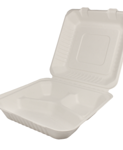 KE-BHC99-3C-Karat Earth 9"x9" Compostable Bagasse Hinged Container - 3 Compartments - 200 ct