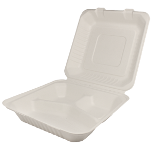 KE-BHC99-3C-Karat Earth 9"x9" Compostable Bagasse Hinged Container - 3 Compartments - 200 ct