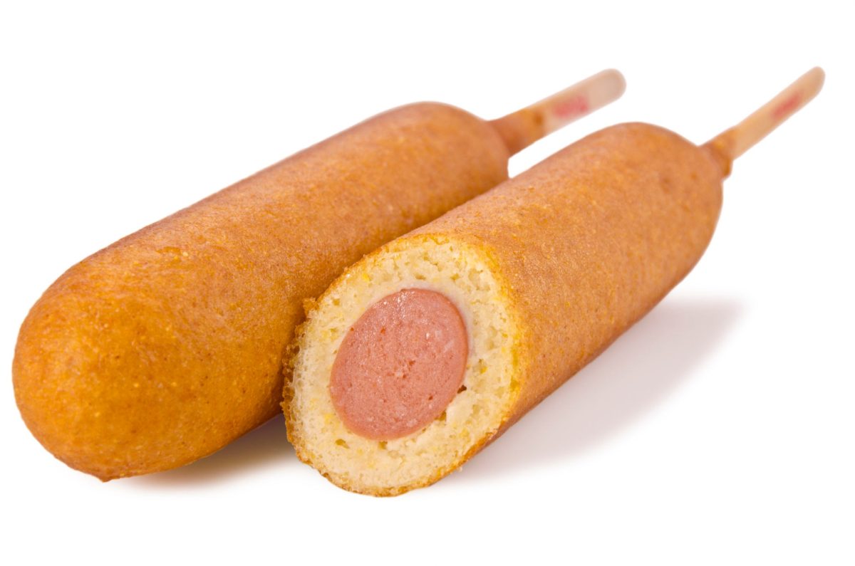 Duo of corn dog, isolated on white background. Close up.
